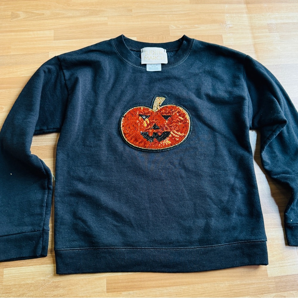 Judith March Halloween pumpkin pullover black sweatshirt size 10/12 sequins